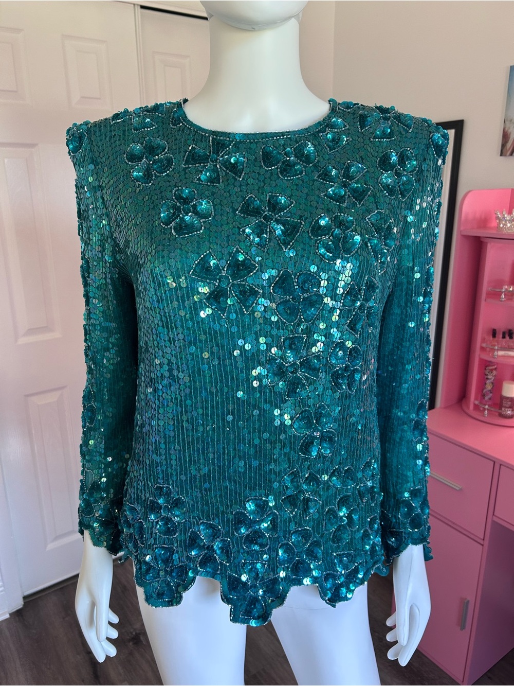 Vintage 80’s Laurence Kazar Turquoise Floral Sequined & Beaded Top